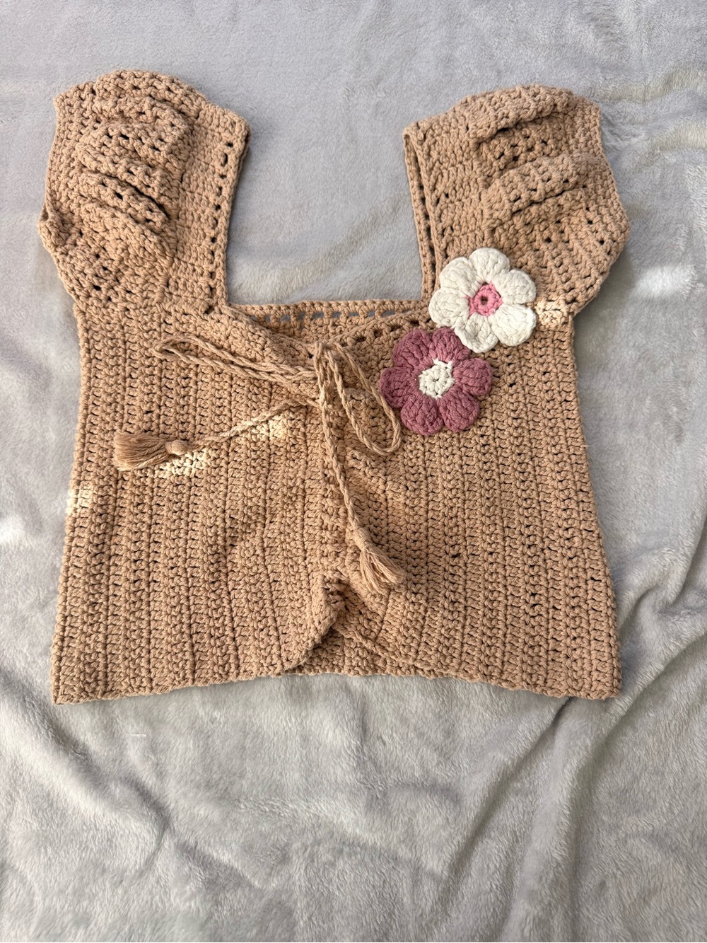 Handmade Crochet Flower Detail Women’s Sweater Top - Tan